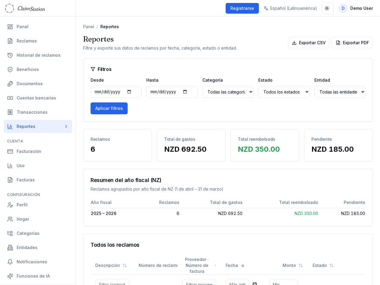 Vista de informes de ClaimStation